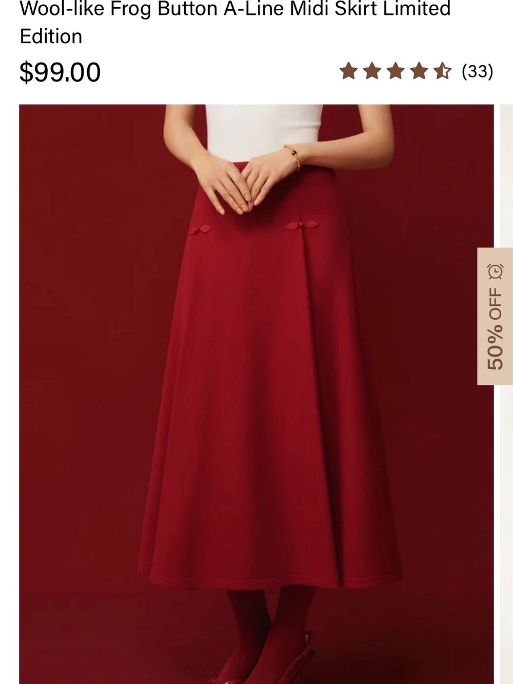 OGL Frog Button A-Line Midi Skirt in Deep Red| XS| NWT